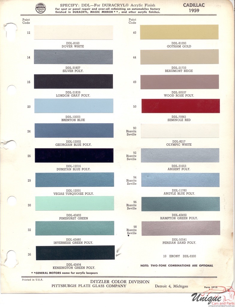 1959 Cadillac Paint Charts PPG 1